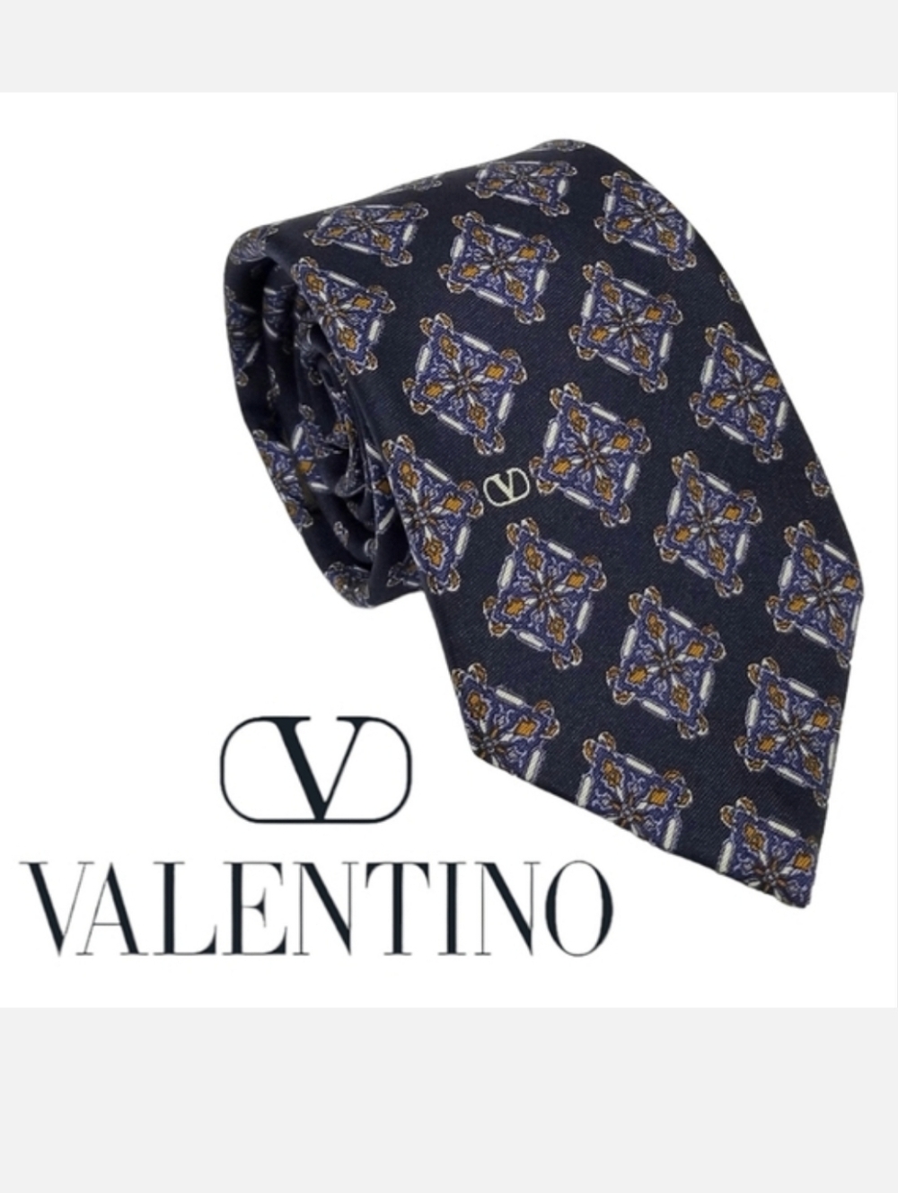 Valentino Cravatte Collection Vintage Navy Print Handmade in Italy 100% Silk Tie